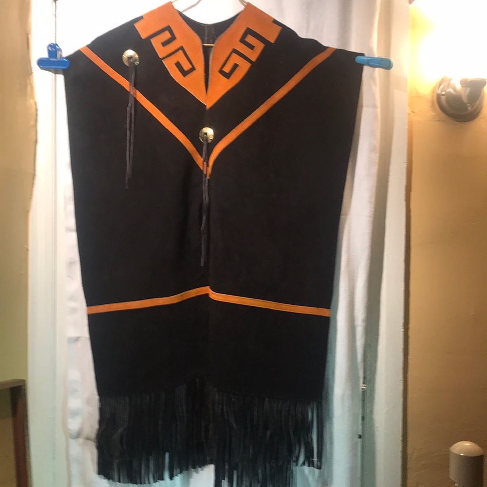 Handcrafted Tu-toned Black & Rust Suede Poncho.